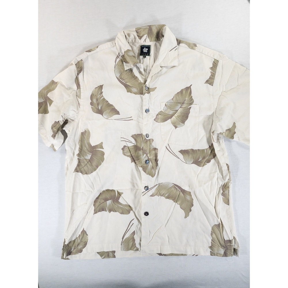 Aureus Silk Blend Shirt Mens XL Cream Beige Leaf Print Tropical Hawaiian‎ Button